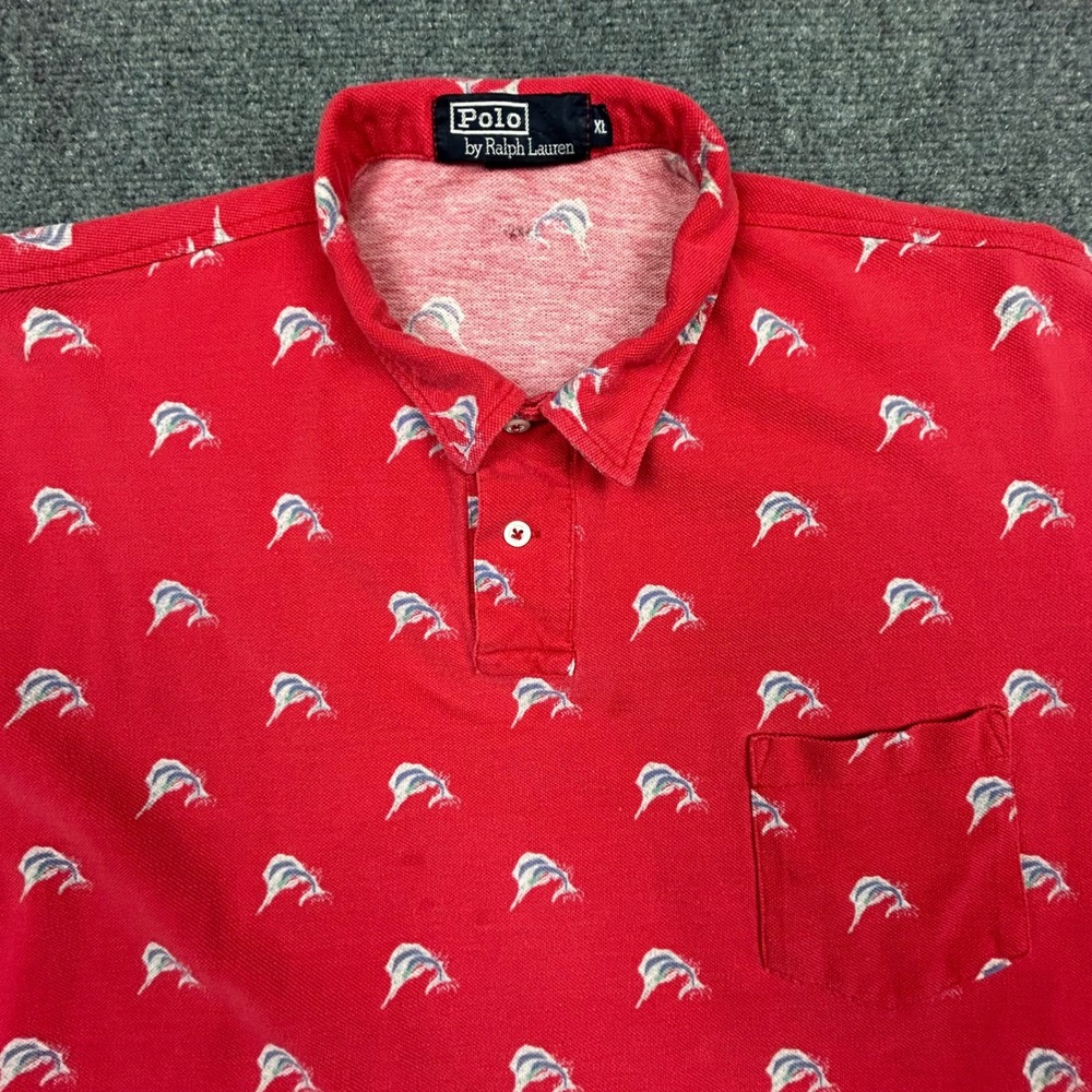 VTG Polo Ralph Lauren Polo Shirt Mens XL Red Marlin Embroidered Pique USA‎ Made